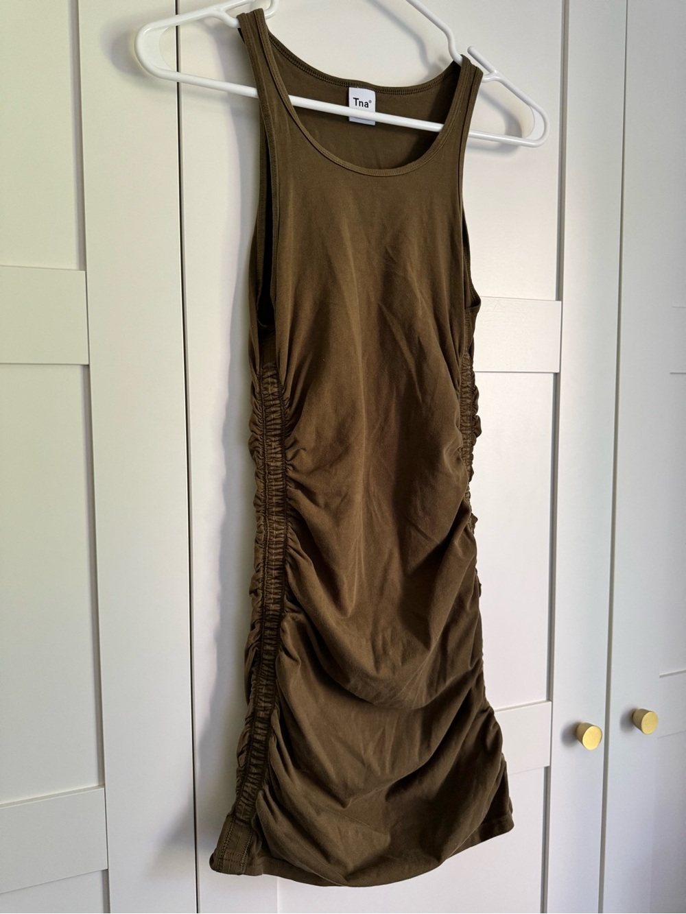 Tna Aritzia Chill Malibu Dress Olive Green Brown Ruched Mini Size S